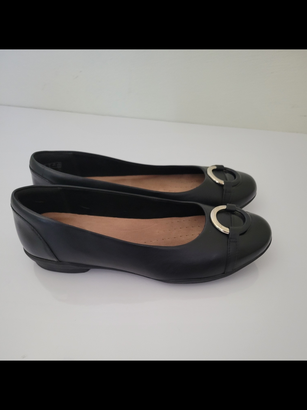 Clarks Black Leather Ballet Flats with Silver Ring Detail
